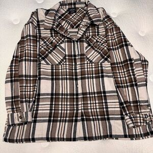 Button-Front Plaid Shacket in Brown Plaid